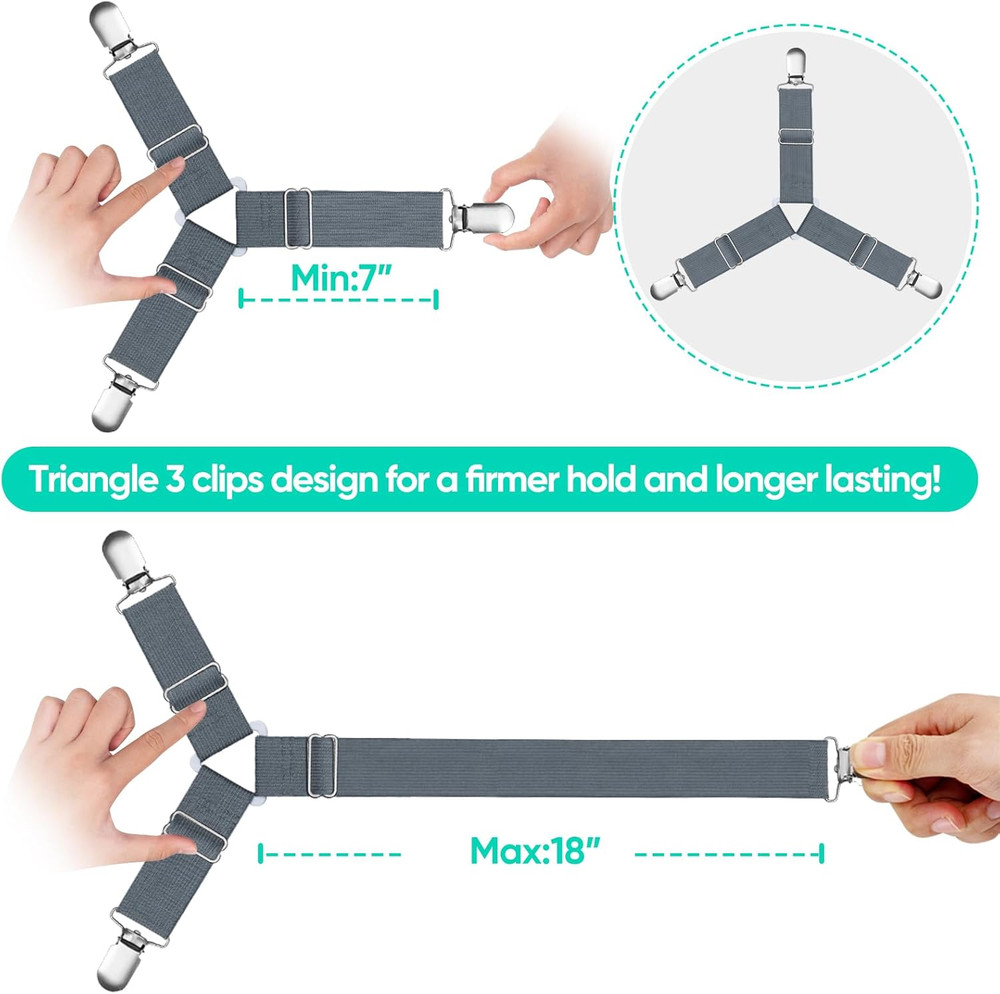 Adjustable Bed Sheet Straps, Fitted Sheet Clips, 4 Pack (Gray)
