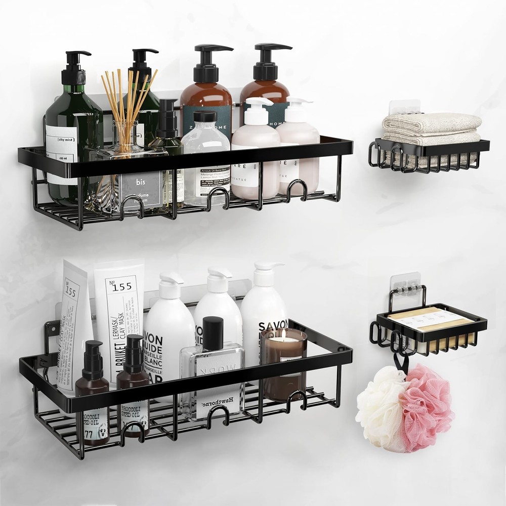 Adhesive Shower Caddy Shelves 4 Pack - No Drill Rust-Proof Bath Organizer for...