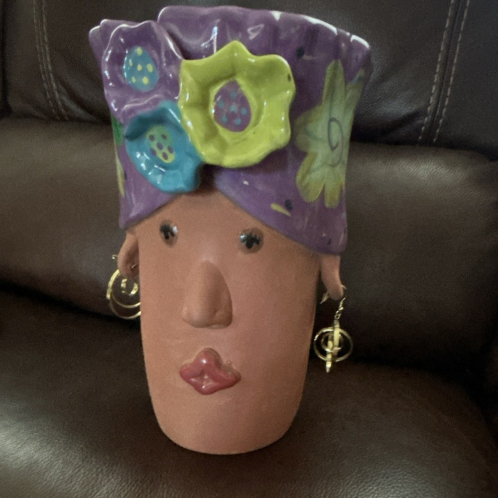 Ceramic Abstract Face Planter Floral Pattern Contemporary Decorative Art Pottery