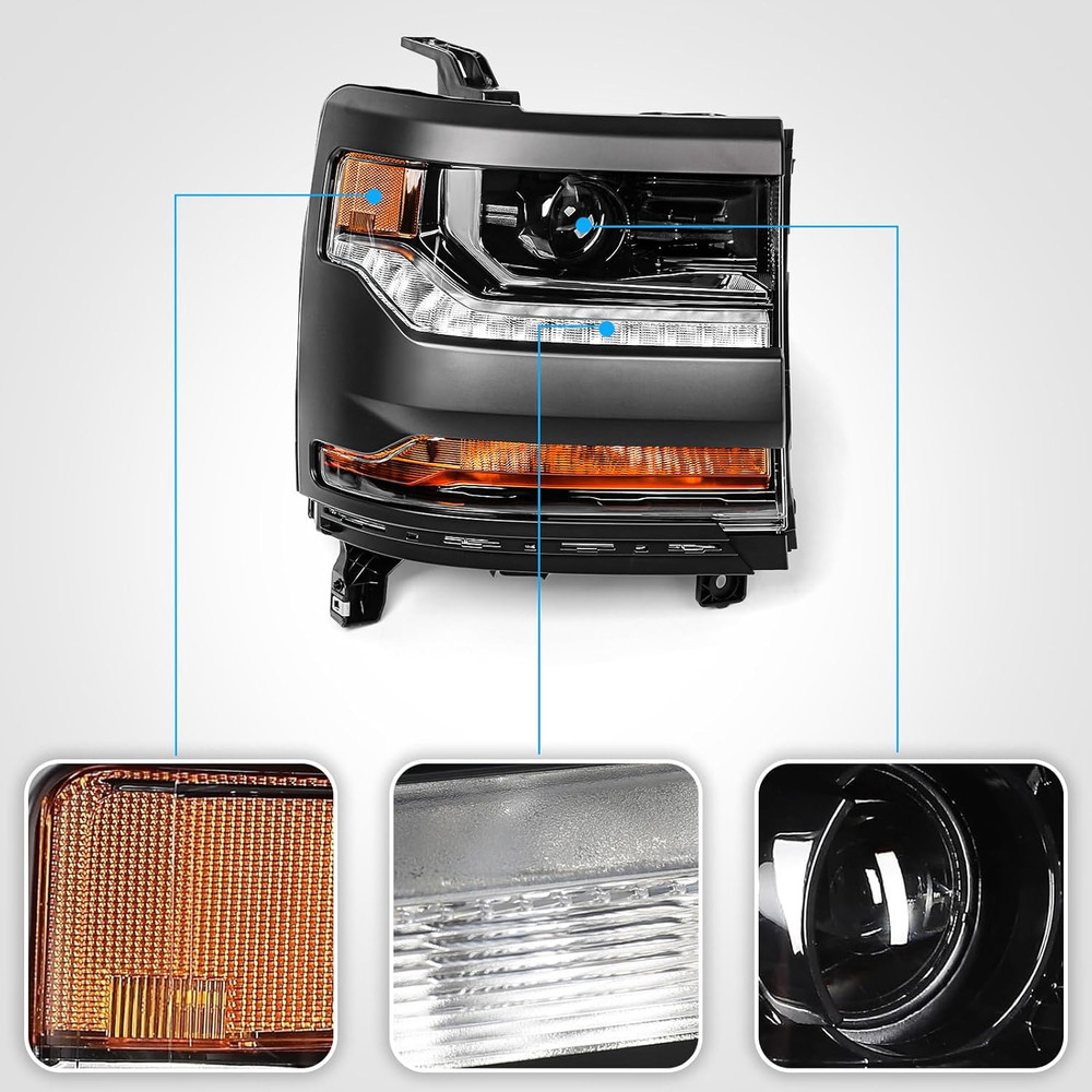 Right Headlight for Chevy Silverado 1500 2016-2018 [Only for HID Model] [Black]