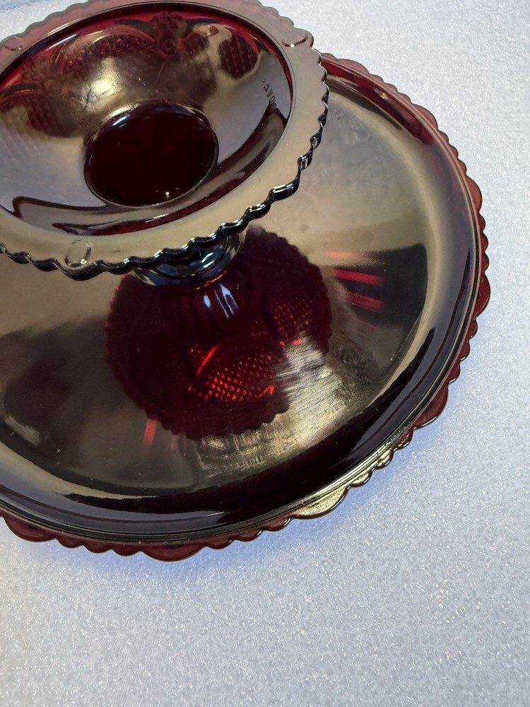 Vintage Avon 1876 Cape Cod Ruby Red Glass Pedestal Cake Stand EUC