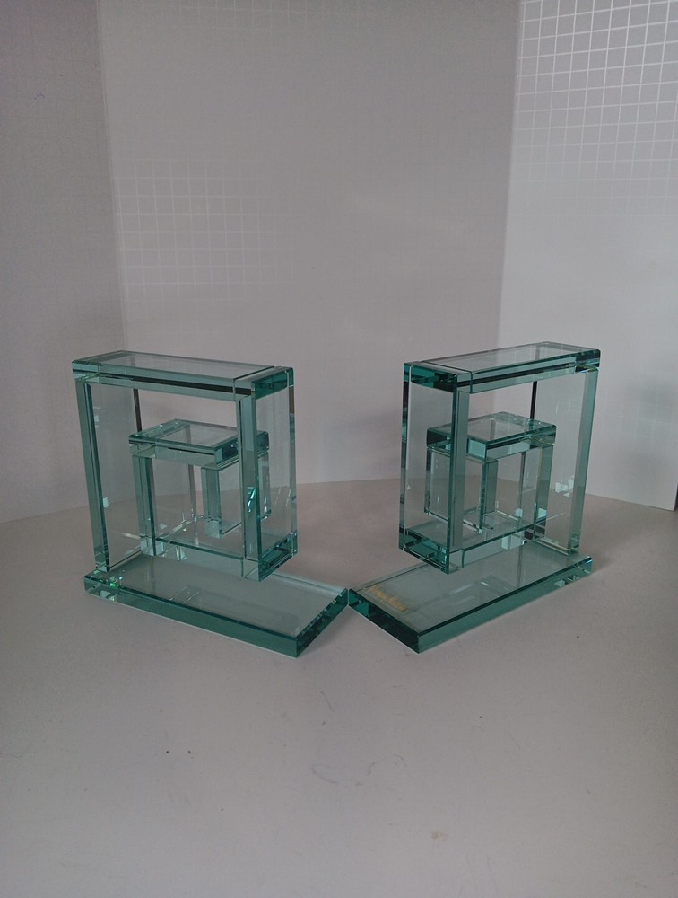 Nieman Marcus Clear Glass Bookends Modern Cubist Square