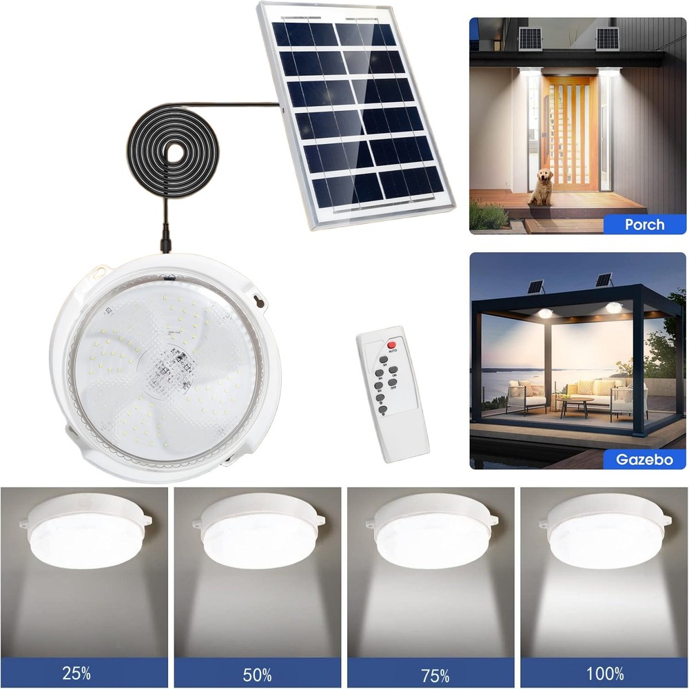 LED Solar Ceiling Light Indoor Outdoor Dimmable Shed Pendant Lamp Remote + Timer