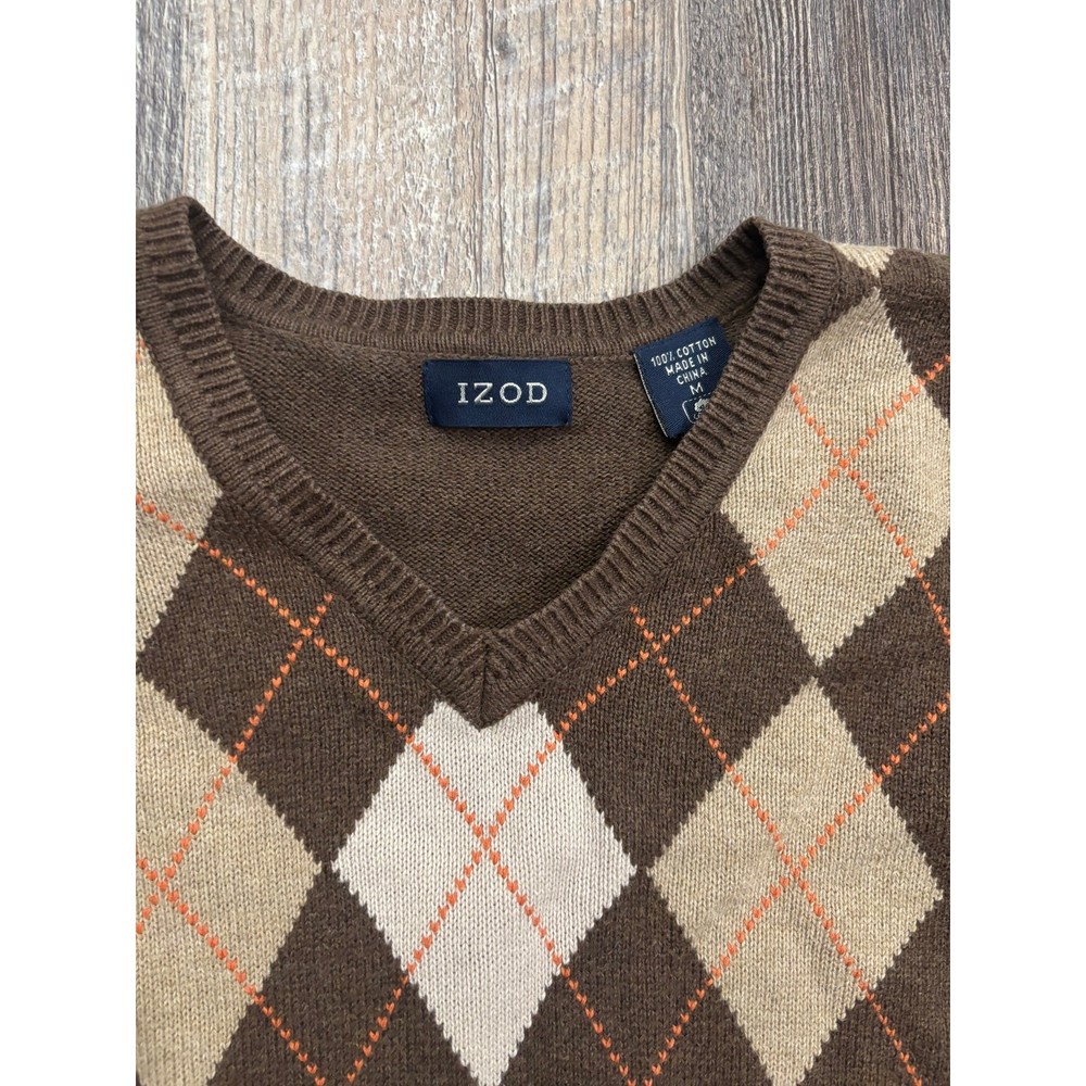 IZOD Mens Brown Argyle V-Neck Sweater 100% Cotton Pullover Size M