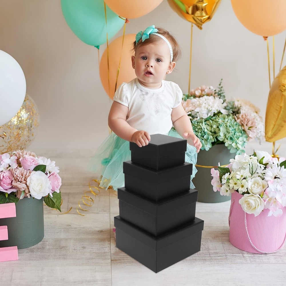4 Pack Large Nesting Gift Boxes with Lids, 3.7"-6.4" Assorted Sizes Black Squ...