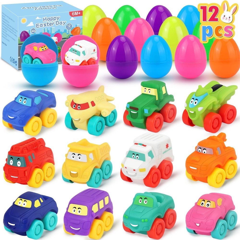 Prefilled Easter Eggs with Toy Cars: 12Pcs Filled Easter Eggs with Soft Rubbe...