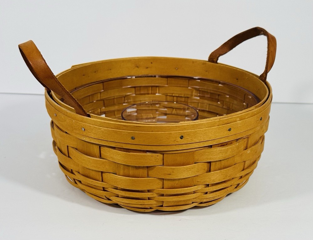 Longaberger Gathering Darning Basket Hard Plastic Insert 2001 Leather Handles
