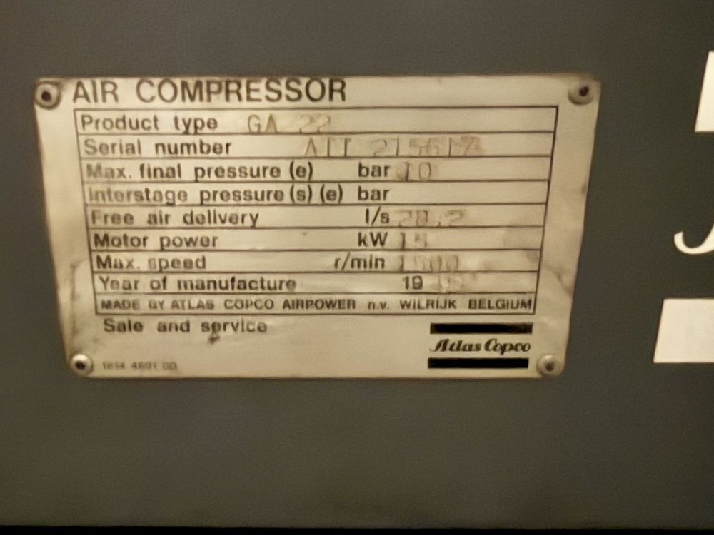 Atlas Copco GA22 Screw Compressor 10 BAR 15 kW