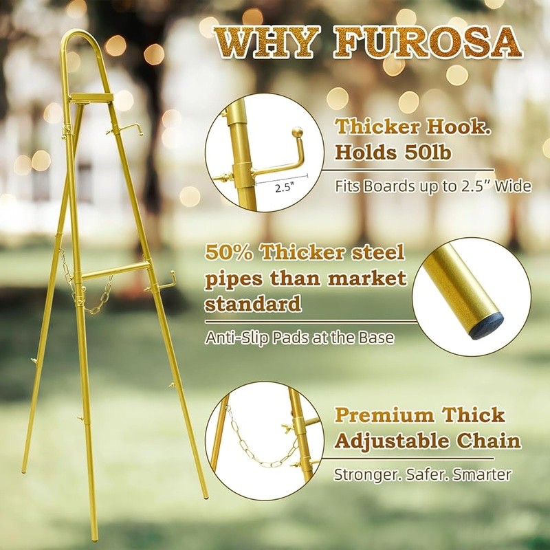 Height Adjustable Gold Easel Stand for Signs, Lockable 4 Hooks, 3 Display Modes