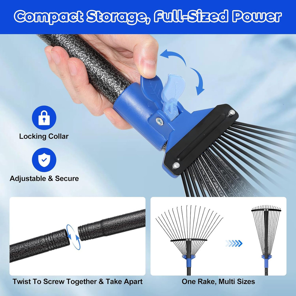 Garden Leaf Rake Set: 18 Tines Adjustable Rake, 2 Leaf Scoops, 32Gallon Leaf Bag