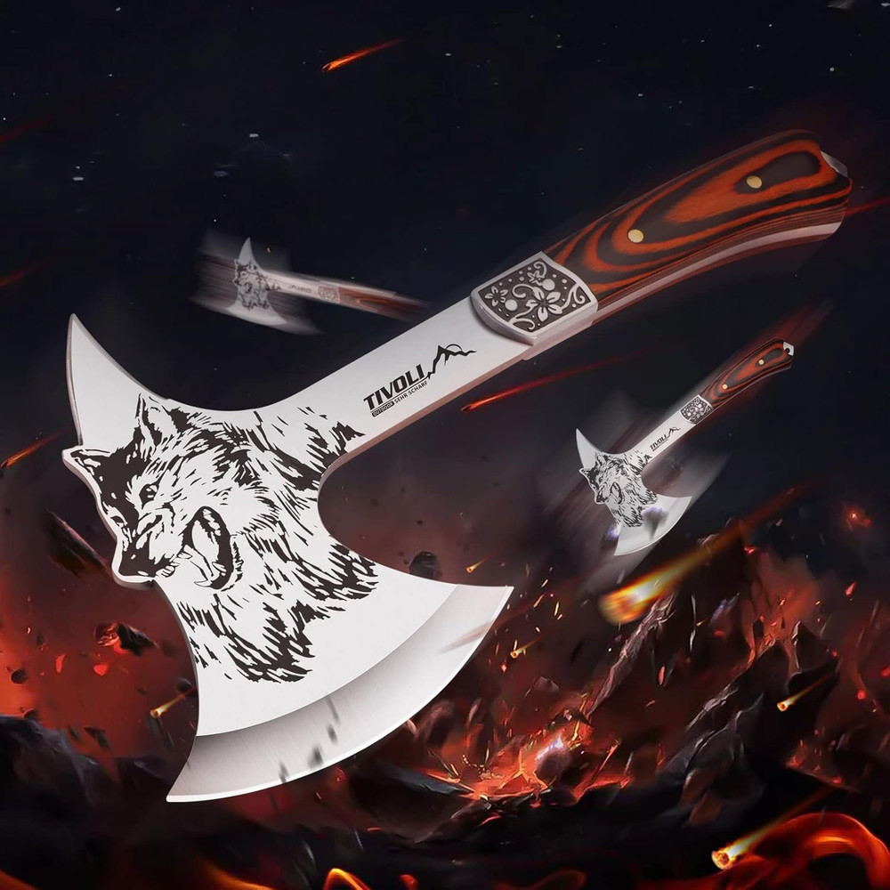 13" Camping Axe, Wolf - Patterned Survival Hatchet with Nylon Sheath, High Carbo