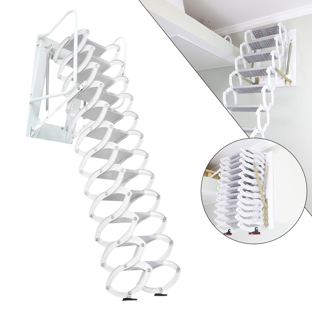 10ft Attic Ladder 12 Steps Loft Folding Ladder Pull Down Attic Stairs Wall-Mount