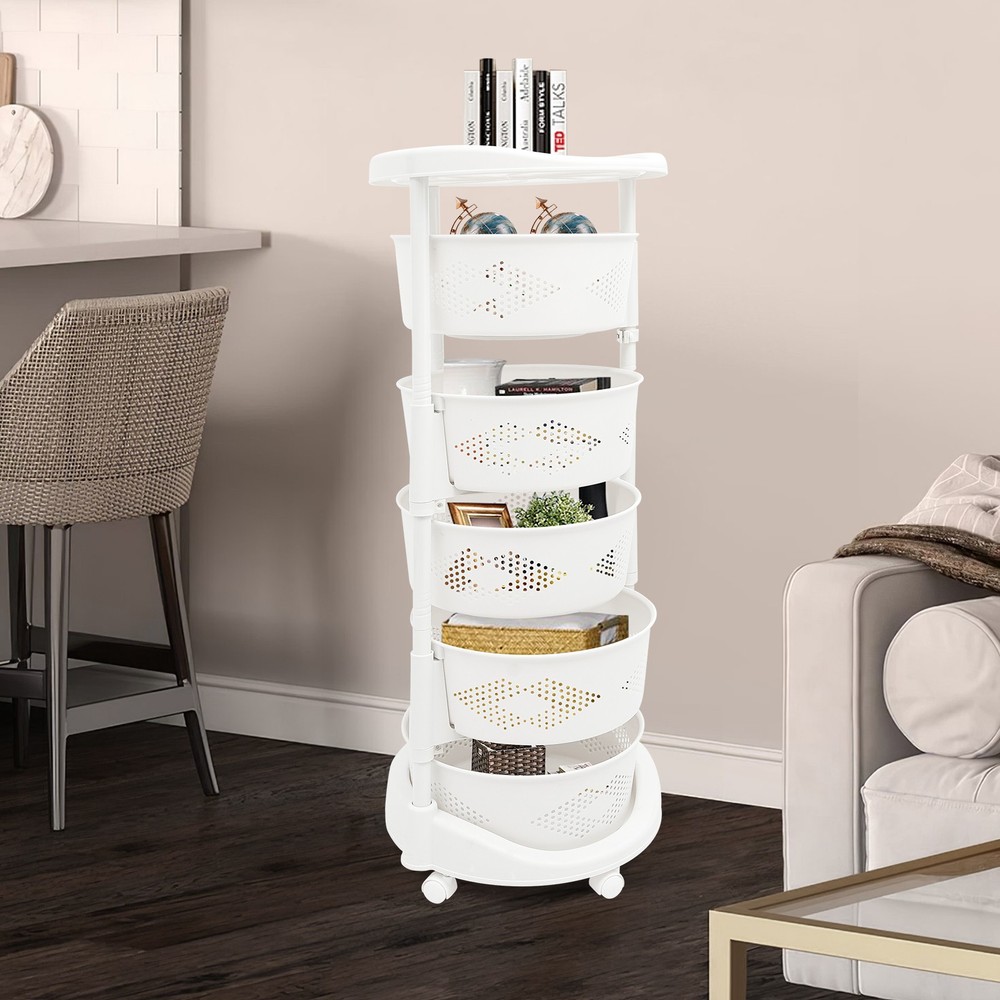 5-Tier Rotating Storage Shelf Kitchen Fruit Storage Basket Rack w/ Wheel
