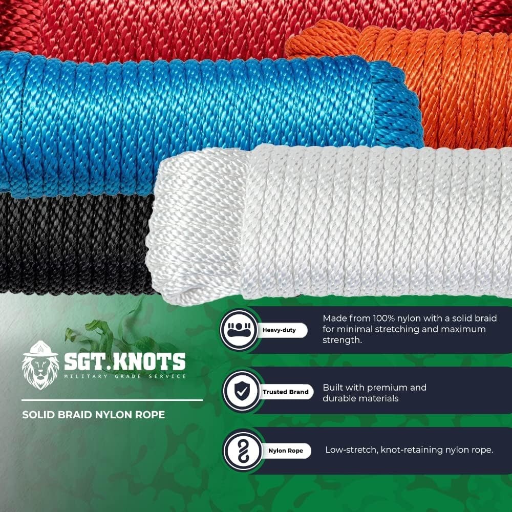 High Strength Solid Braid Nylon Utility Rope 1/8" x 500ft - Versatile & Durable