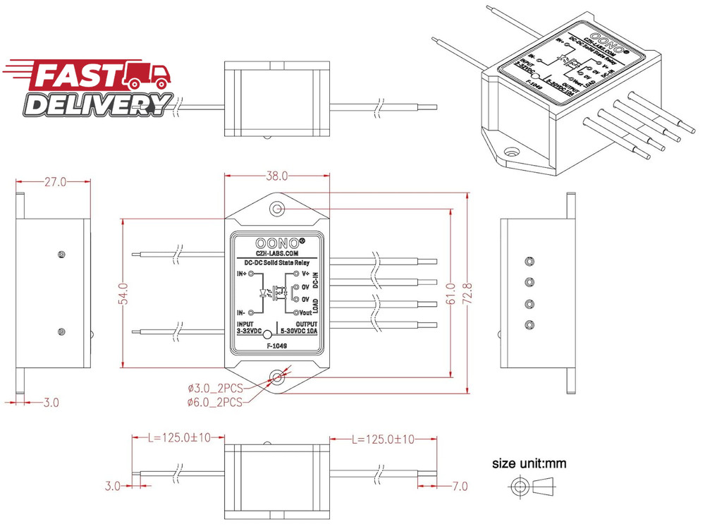 Wired DC-DC 10Amp Isolated Solid State Relay Module, SSR in 3-32VDC Out 5-30VDC,