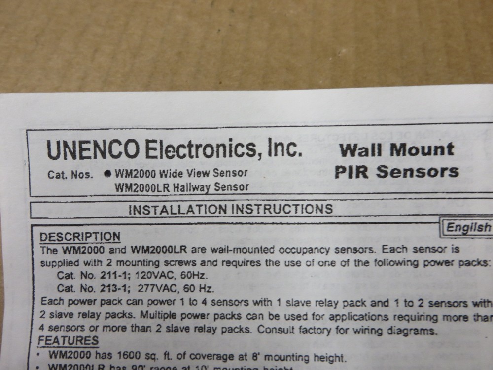 UNENCO MOTION SENSOR # WM2000 WIDE VIEW wall mount PIR