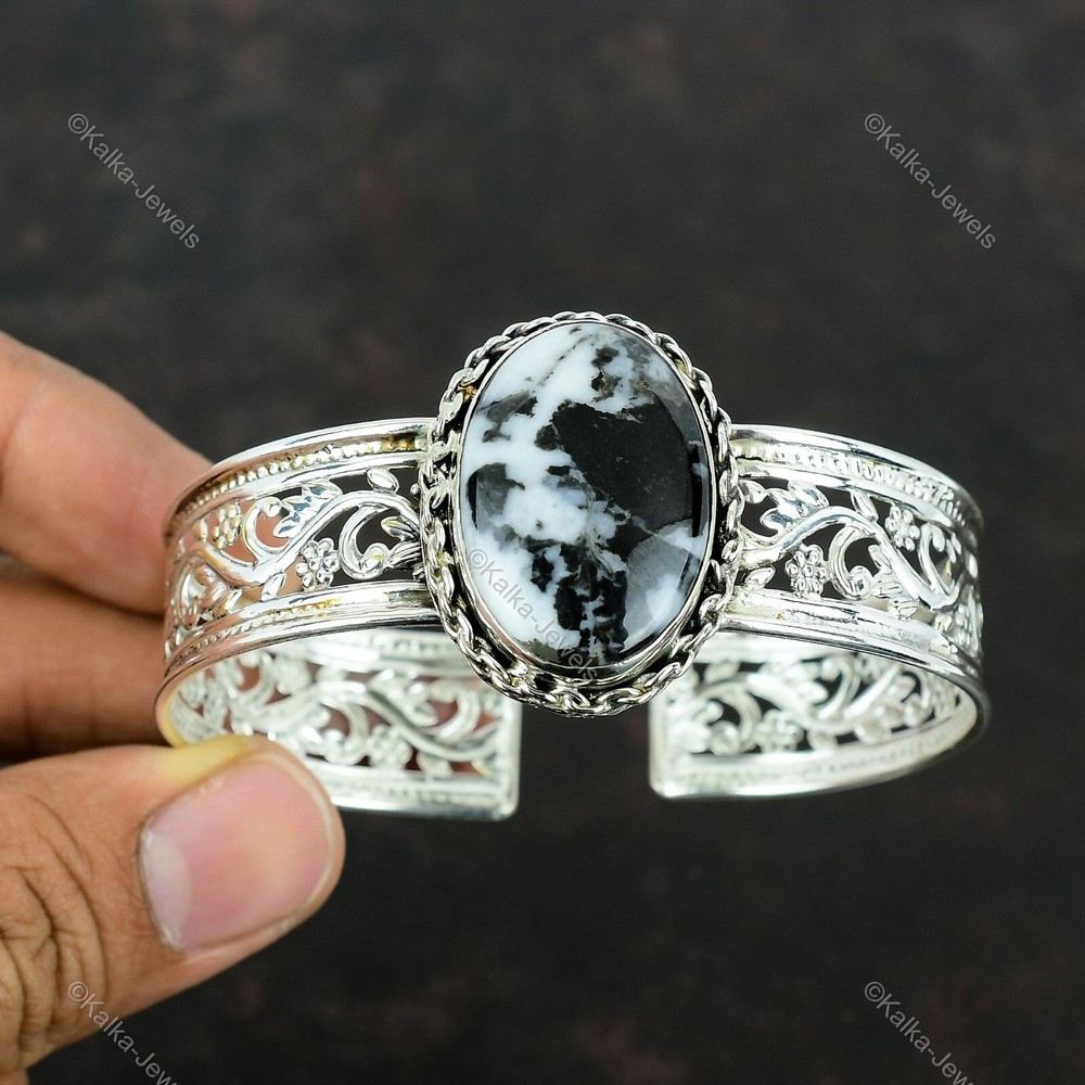 Gift For Her Natural White Buffalo Turquoise Bangle Adjustable 925 Silver