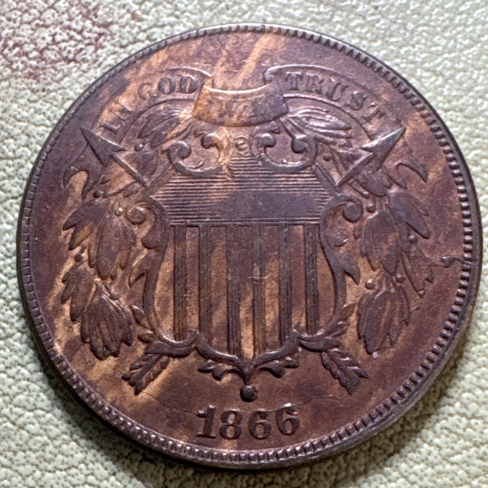 1866 US UNION SHIELD Copper Two Cents - 2 Cent Piece - Great Condition