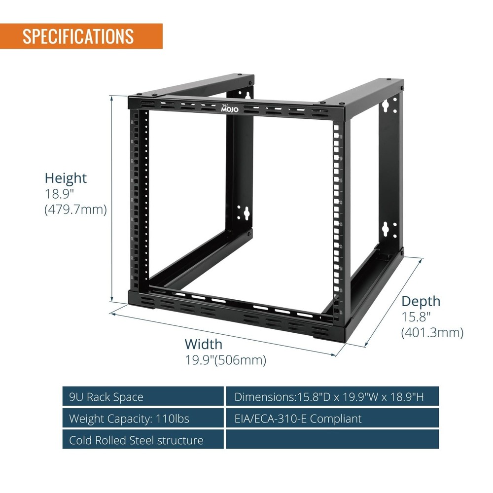 Tecmojo 9U Fixed Wall Mount Network Rack 15.8inch Depth 9U/15.8" Depth, Black