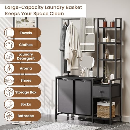 Laundry Hamper with Shelf, 5 Tiers Tall Laundry Basket Sorter with 2 Pull Black