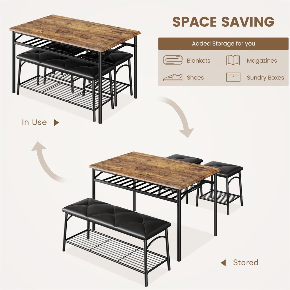 4pcs Kitchen Table Set with Upholstered Bench and Square Stools Dining Table S