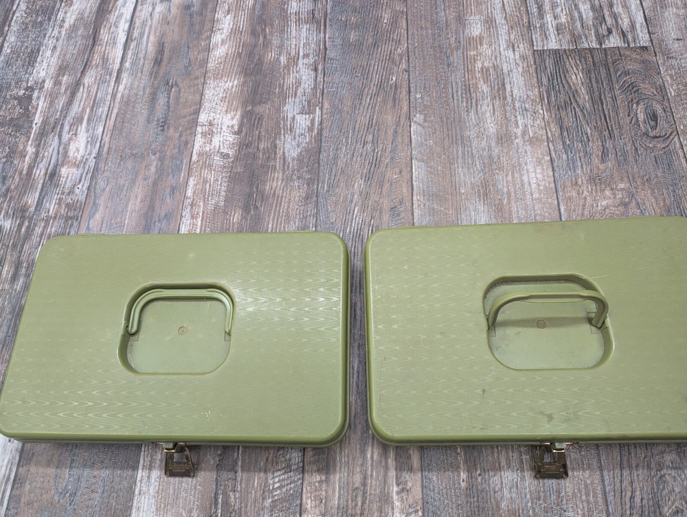 Vintage Green Plastic Sewing Boxes Pair With Many Various Spools Of Thread.