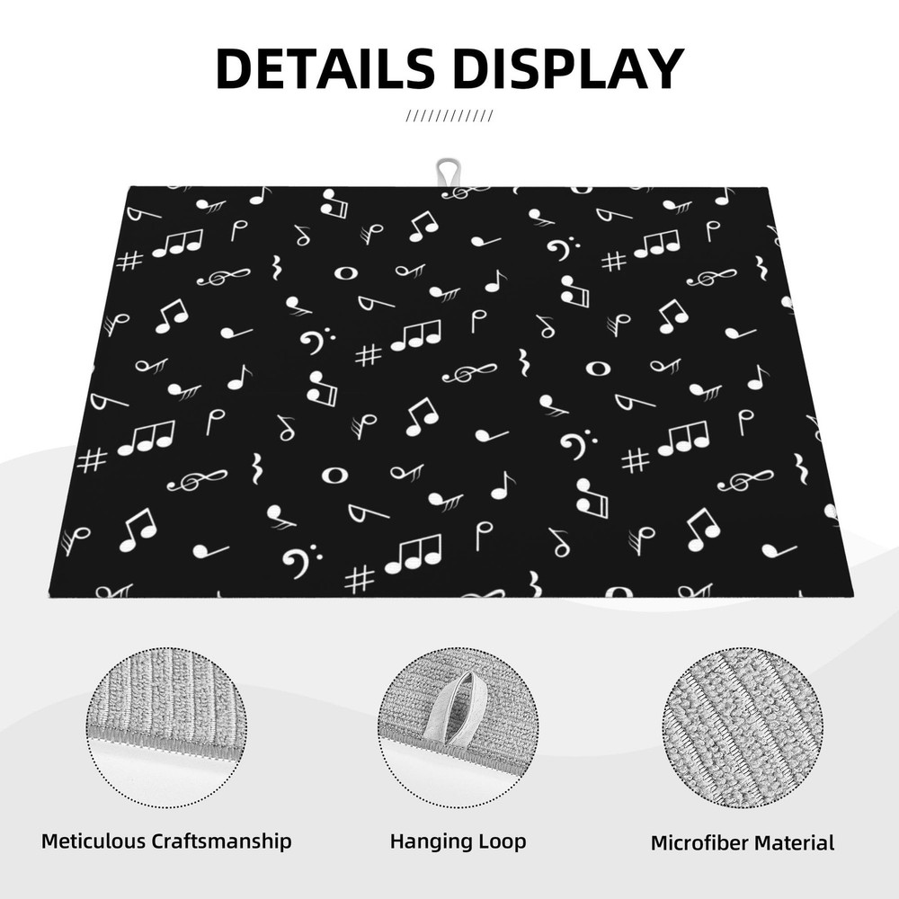 Musical Kitchen Drying Mat Music Notes 18x24 Inch Black Microfiber Drainer