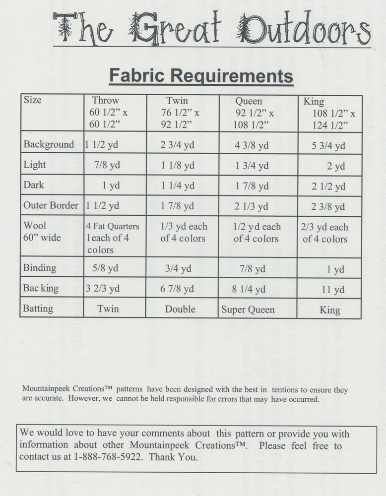 Mountainpeek Creations Great Outdoors Pieced Applique 4 sizes Quilt Pattern