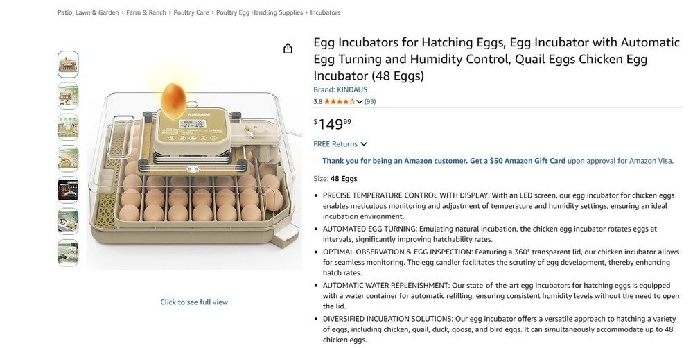 Kindaus 48 Egg Digital Incubator Automatic Turning Humidity Control Chicken-USED