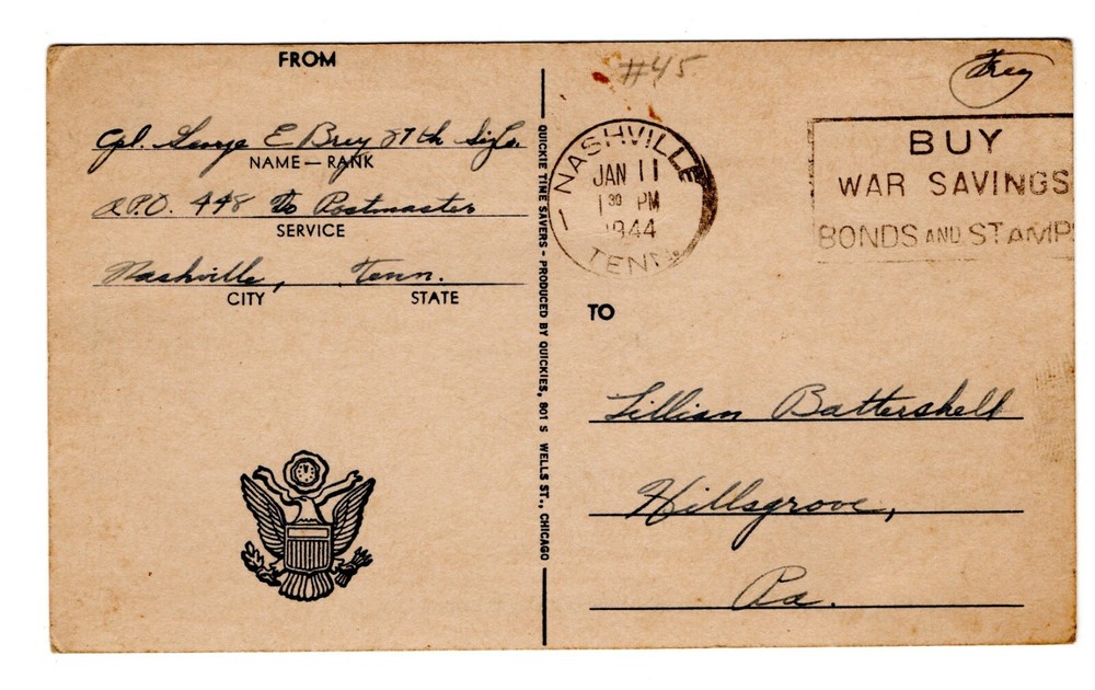 QUICKIE NOTE ARMY MAIL 1944 WWII