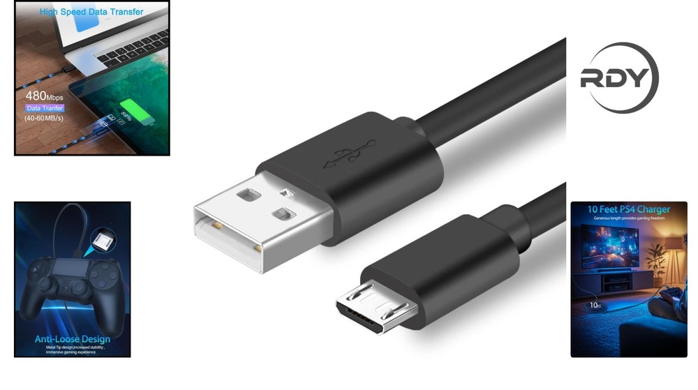 Durable 10FT PS4 Controller Charging Cable for Seamless Gameplay & Fast Charging