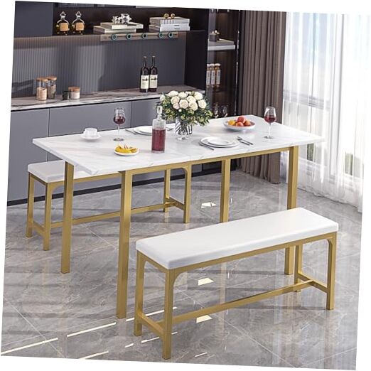 3-Piece 63" Extendable Kitchen Table with Benches/Chairs, Modern White