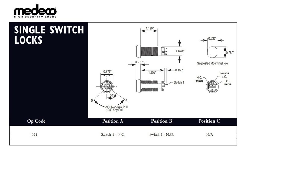 Medeco On-Off Key Switch Lock, Momentary (Spring Return), Single Pole w/ 1 Key