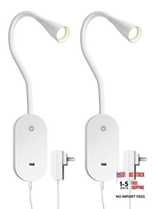 LED Wall Mount Reading Light for Bed, Reading Lamp with USB White-2 Pack