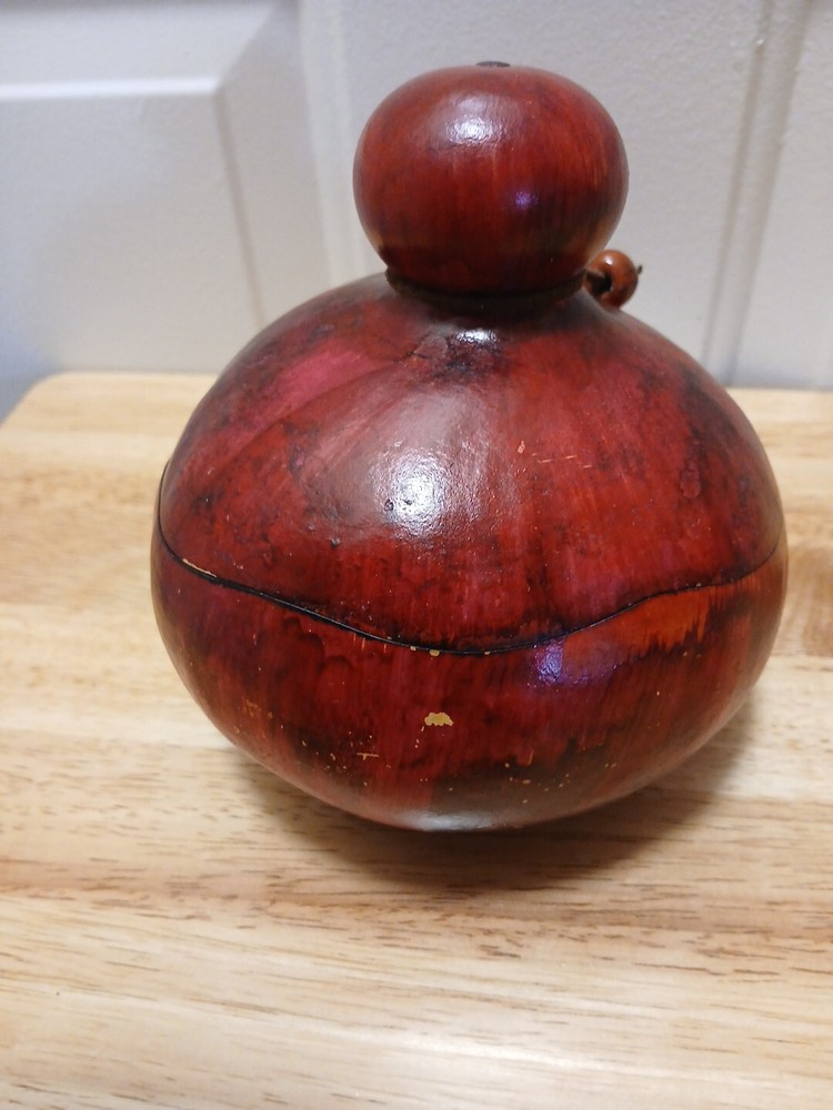 Red Gourd Container with Lid Cherry Apple Carved Handmade