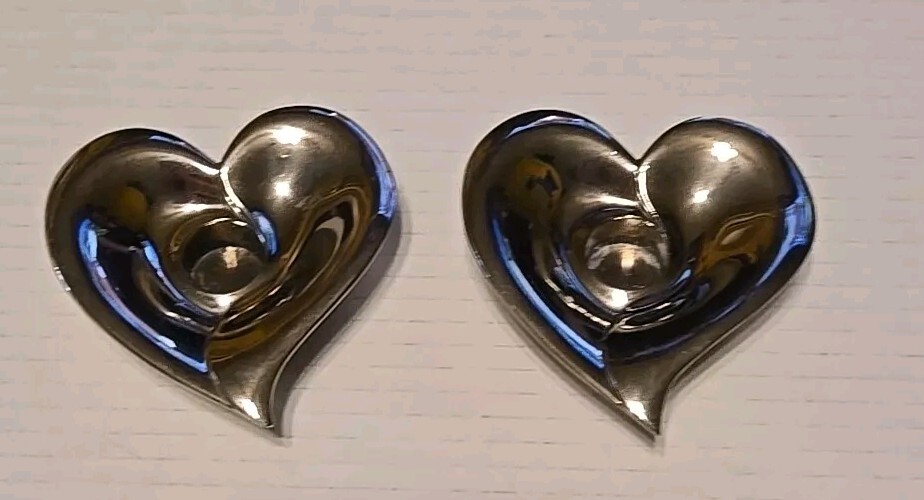 Set of Two (2)  Silver Plated Heart Shaped Taper Candle Holders Solid Heavy