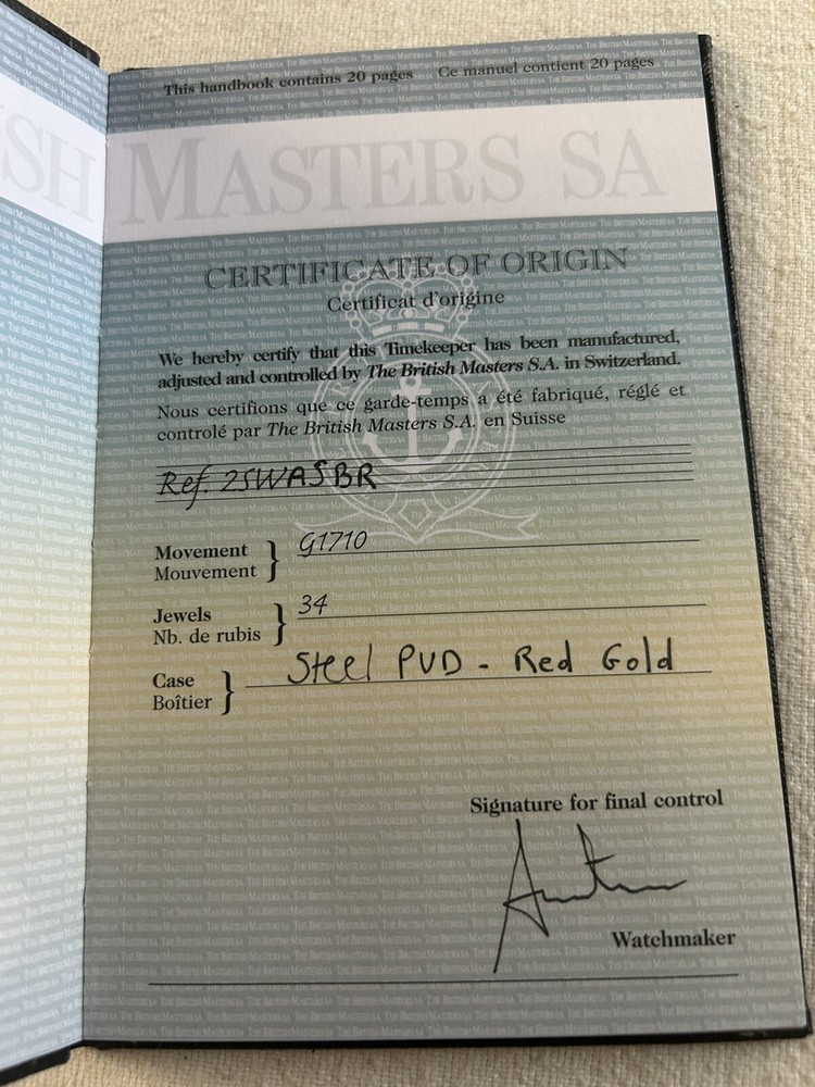 Graham Watch Original Certificate for Swordfish