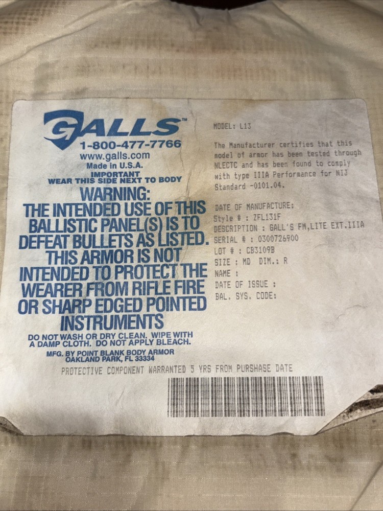 GALLS BODY ARMOR BALLISTIC BULLET PROOF VEST MEDIUM SIZE