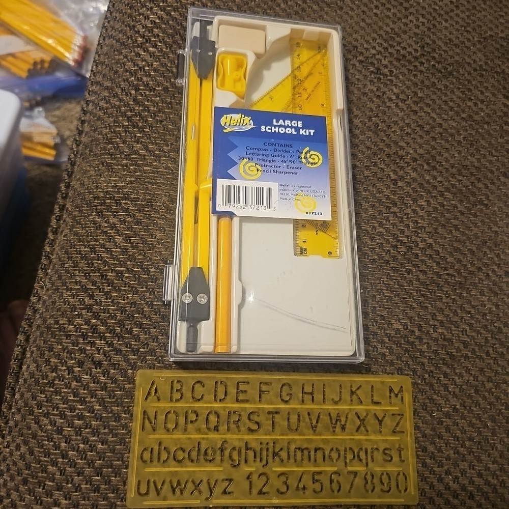 Helix Compass Protractor Large School Kit # 37213 Triangle Ruler Guide +stencil