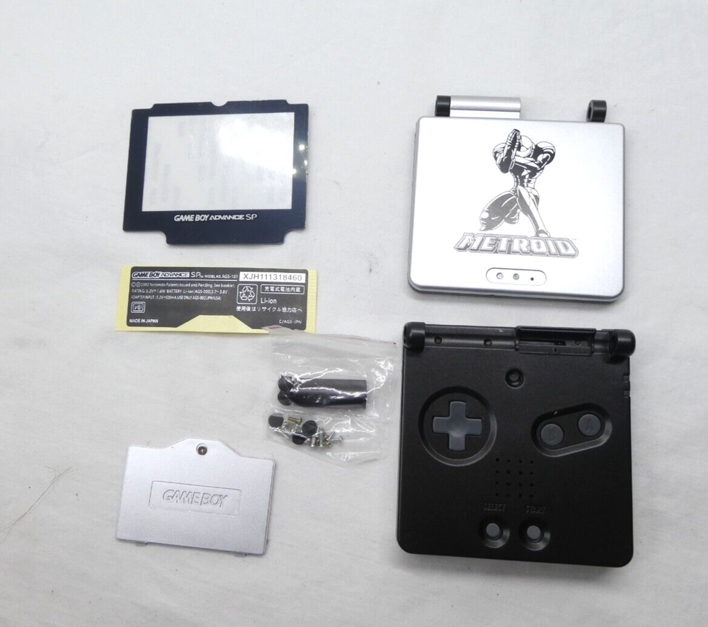 Gameboy Advance SP shell replacement Silver/Black Metroid with new screen lens