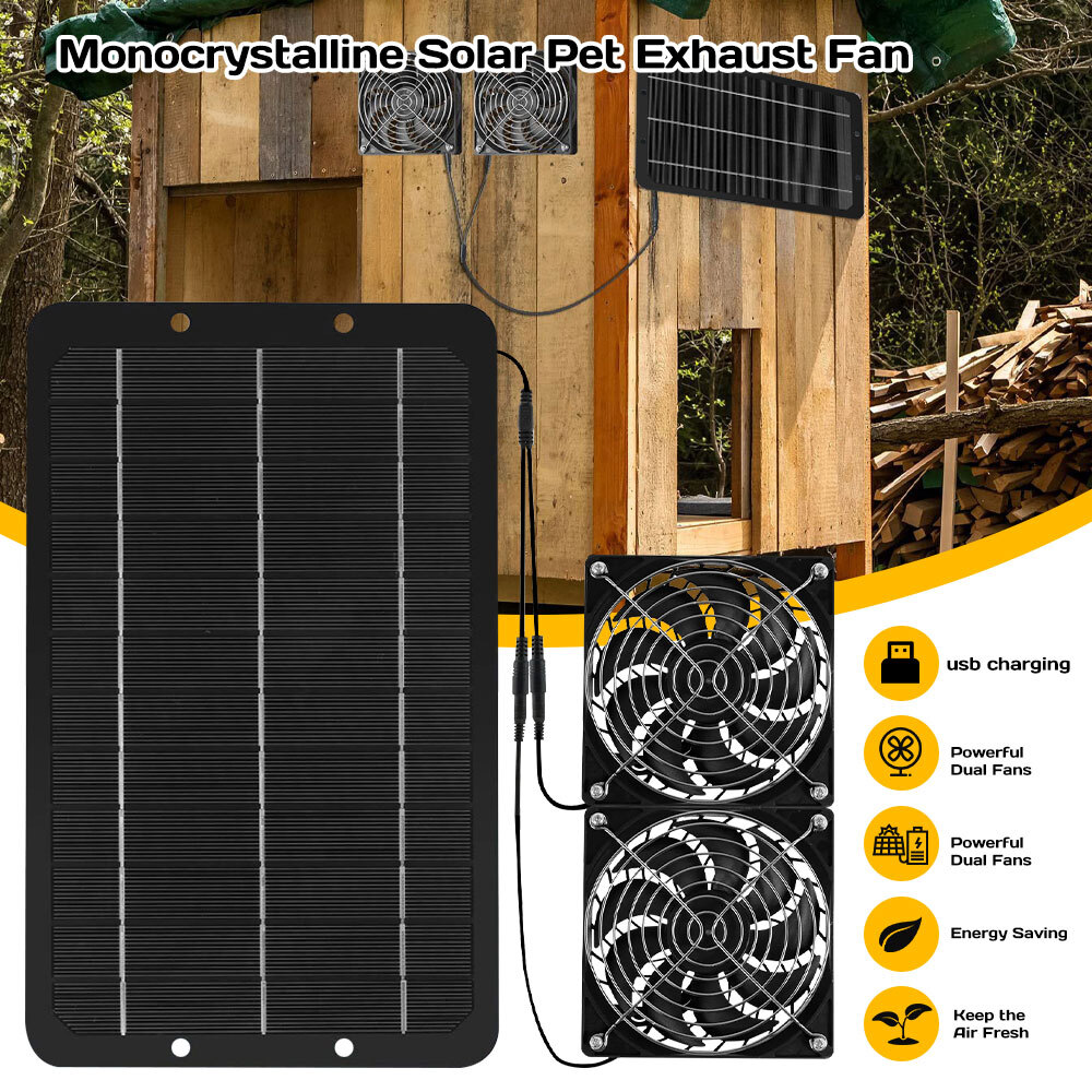 Dual DC Solar Powered Exhaust Vent Fan with 10W Solar Panel & Cable Greenhouse