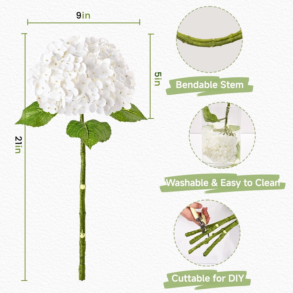 6 Pcs White Hydrangea Artificial Flowers Latex Real Touch Hydrangea, 21 inch ...