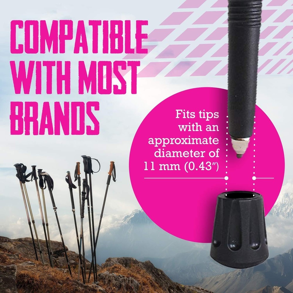 TrailBuddy Walking Stick Tips - Pack of 6 Replacement Rubber Cane Black