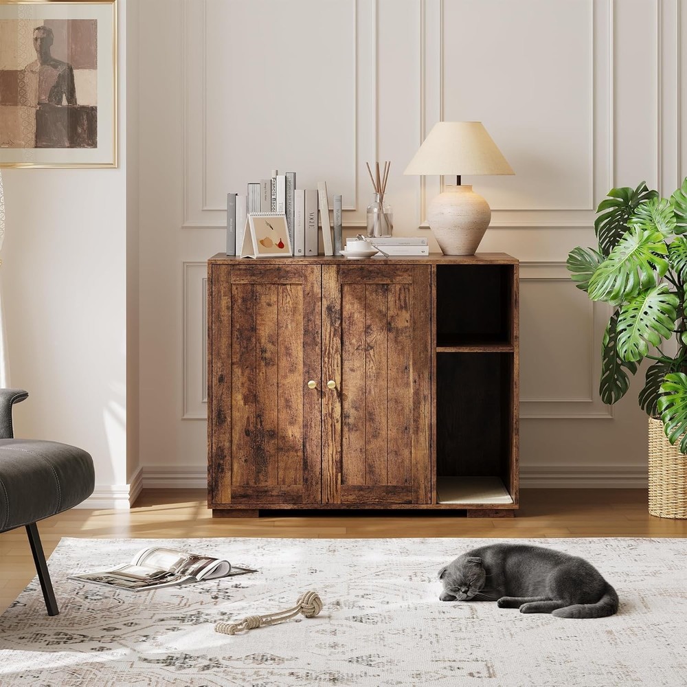 Dual-Function Cat Litter Enclosure &Side Table W/ Power Outlet & Dog-Proof Shelf