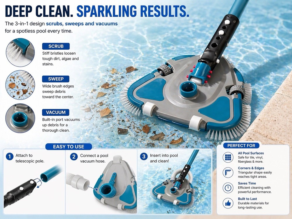 3-in-1 Pool Vacuum Head Brush w/ Wheels Triangular Cleaner Hose Fit
