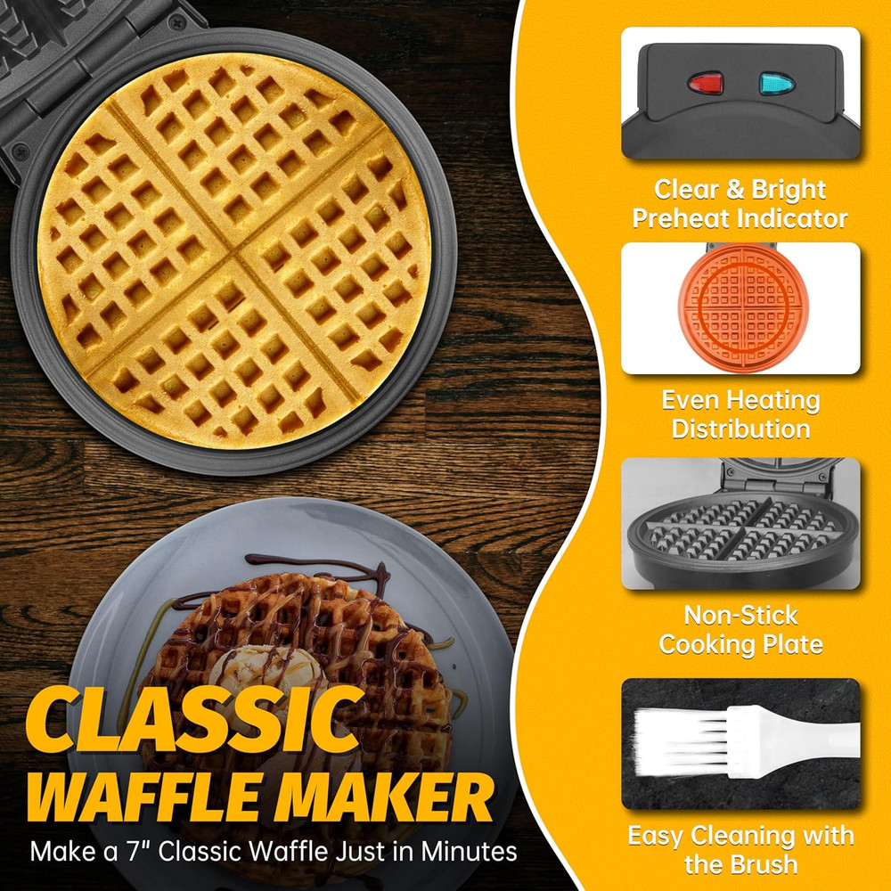 7 Inches round Classic Waffle Maker Machine, Mini Waffle Maker, Non-Stick Waf...