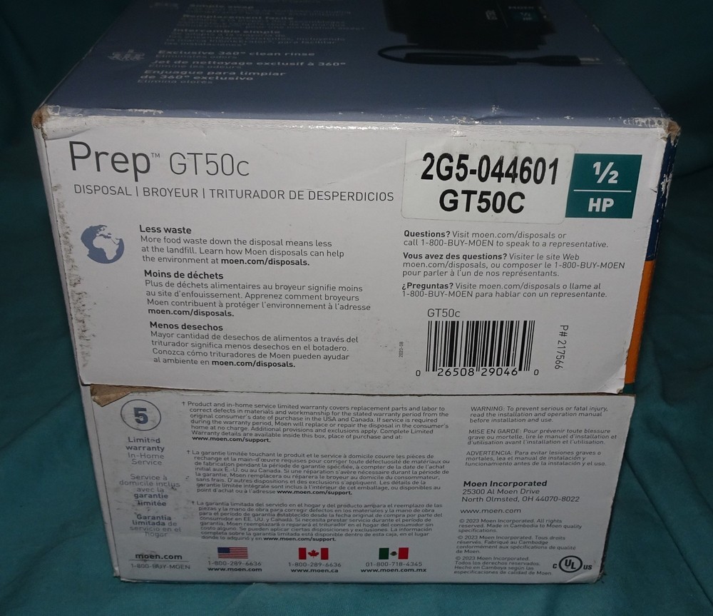= new = open box = Moen prep GT50C GT Series 1/2 HP Continuous Garbage Disposal