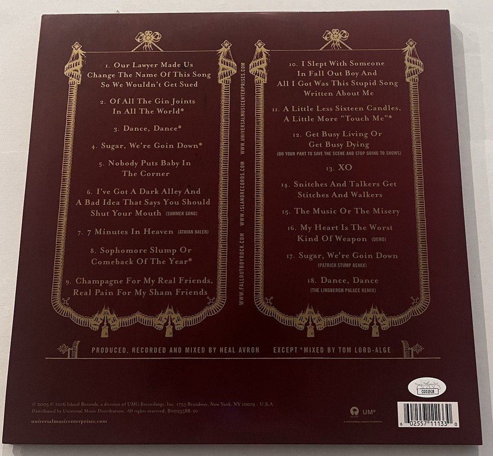 FALL OUT BOY SIGNED FROM UNDER THE CORK TREE LP VINYL RECORD PATRICK STUMP JSA