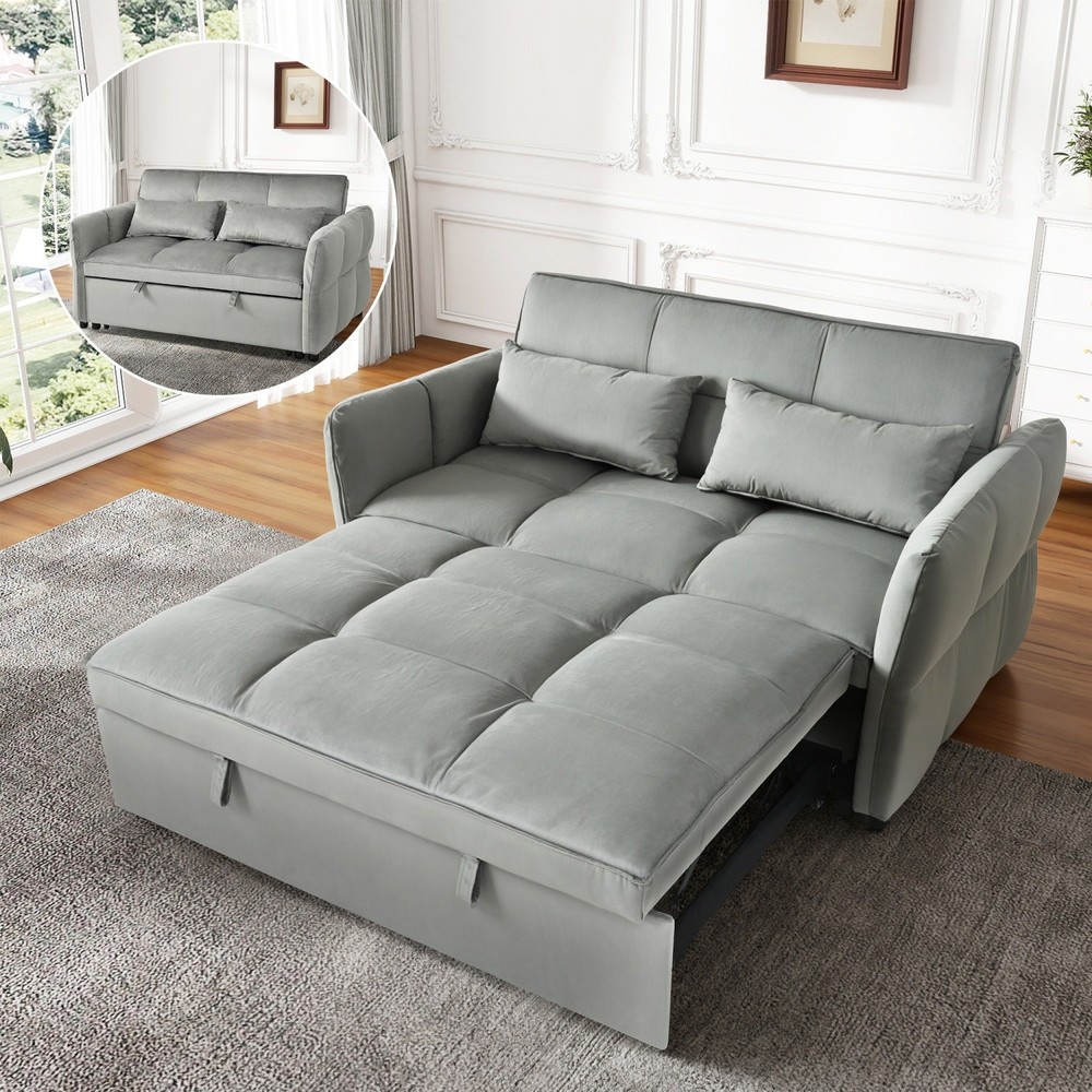 Gray/Black Pull Out Sofa Bed 3-in-1 Sleeper Sofa Convertible Couch with Pillows