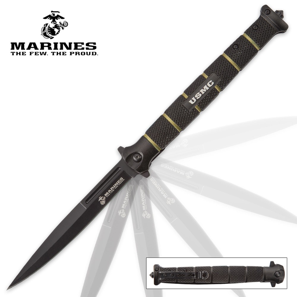 12" Extra Large USMC Marines Spring Assisted Open Folding Pocket Knife Stiletto